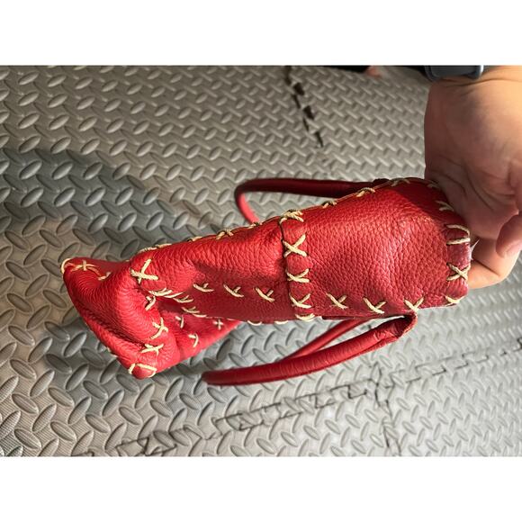 BERGE ITALY GENUINE LEATHER TOTE BAG RED w/ TAUPE STITCHING BOHO WOMENS PURSE - Picture 5 of 11